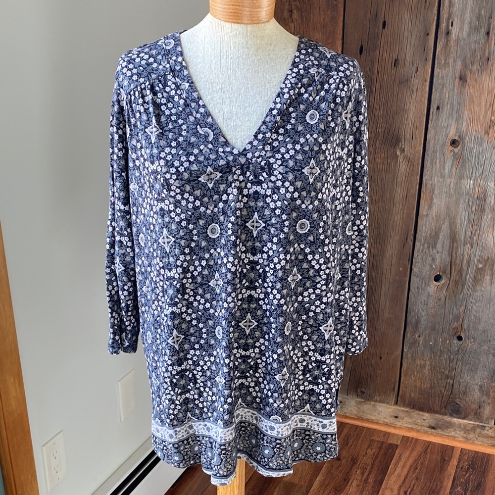 Lucky Brand black and tan Patterned boho cotton 3/4 sleeve V-Neck blouse Sz 1X